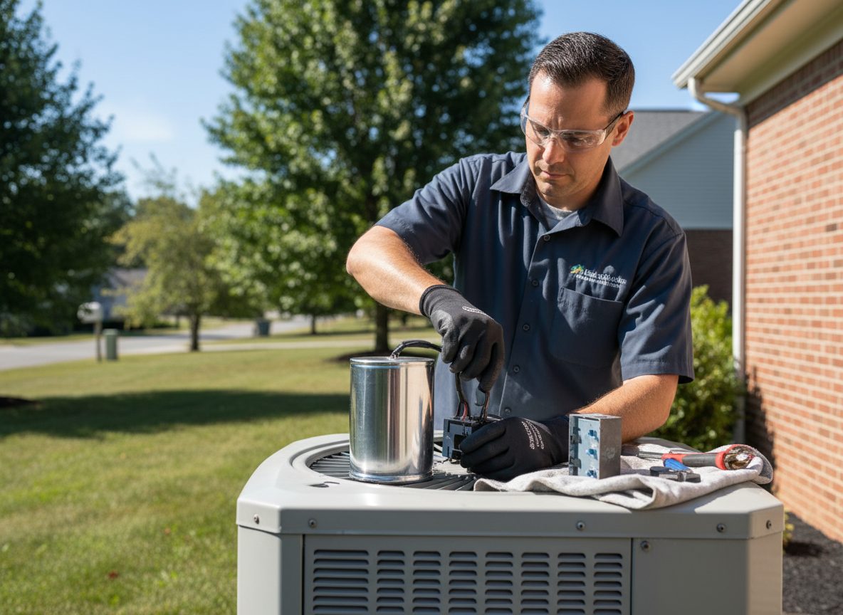 A technician replacing electrical components in the top of an outdoor condenser, with the capacitor and contactor visible.