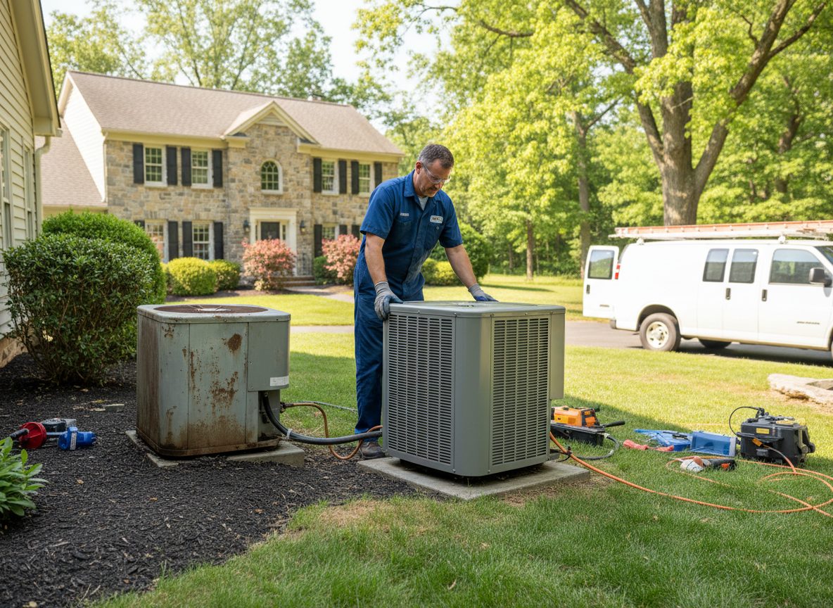 An old rusted condenser beside its newly installed replacement at the side of a Pennsylvania home.
