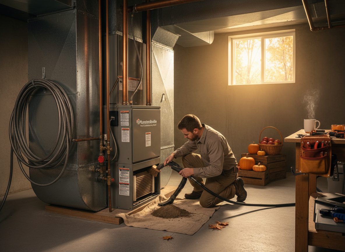 A technician servicing a basement furnace in autumn, with pumpkins and stored produce nearby.