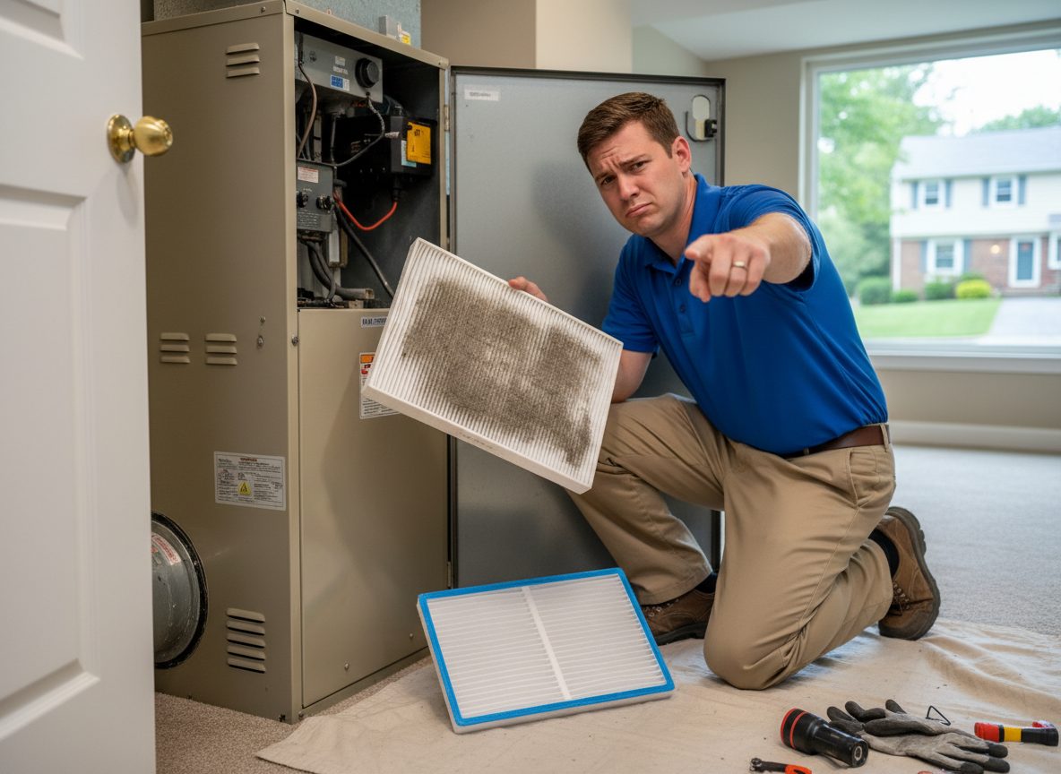 A technician holding up a clogged air filter next to a clean replacement, in front of an open furnace cabinet.