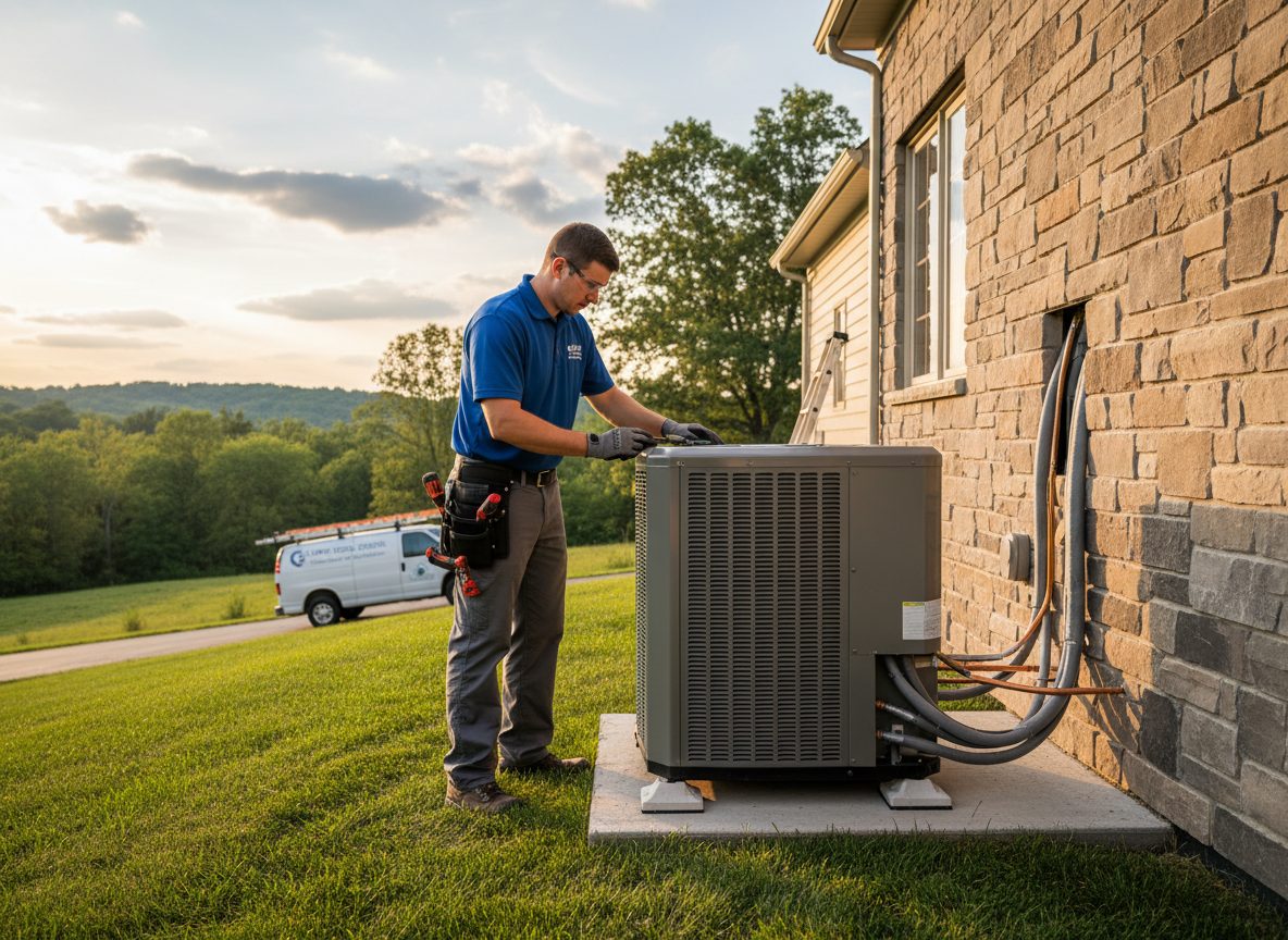 A technician working at a heat pump outdoor unit beside a stone house under a dramatic evening sky.