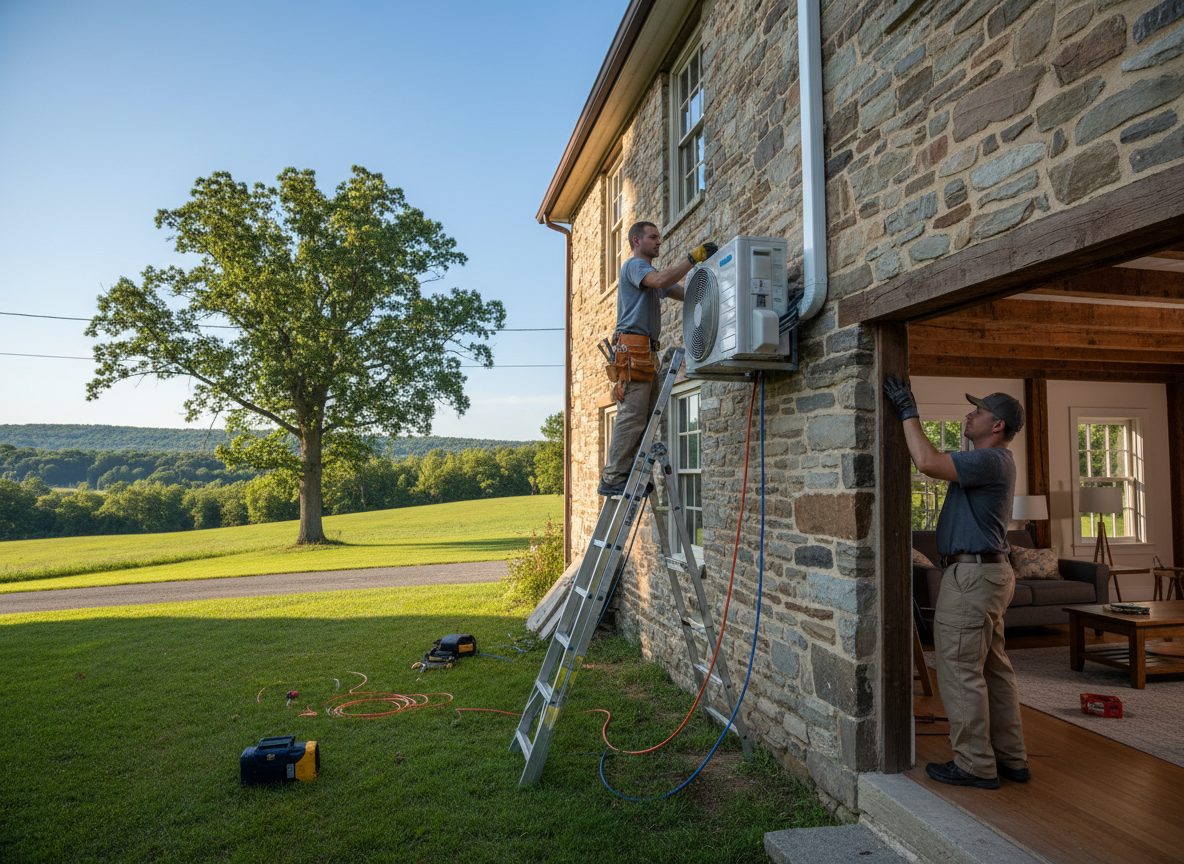 A technician on a ladder fitting a wall unit to the exterior of an old stone Pennsylvania farmhouse.