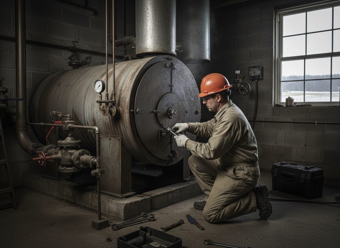 A technician in a hard hat working on a large cylindrical boiler in the basement of an older Pennsylvania building.