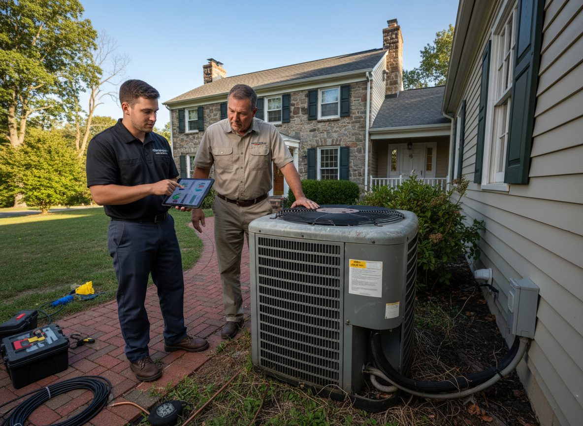 A technician going through findings on a tablet with a homeowner beside their outdoor unit.