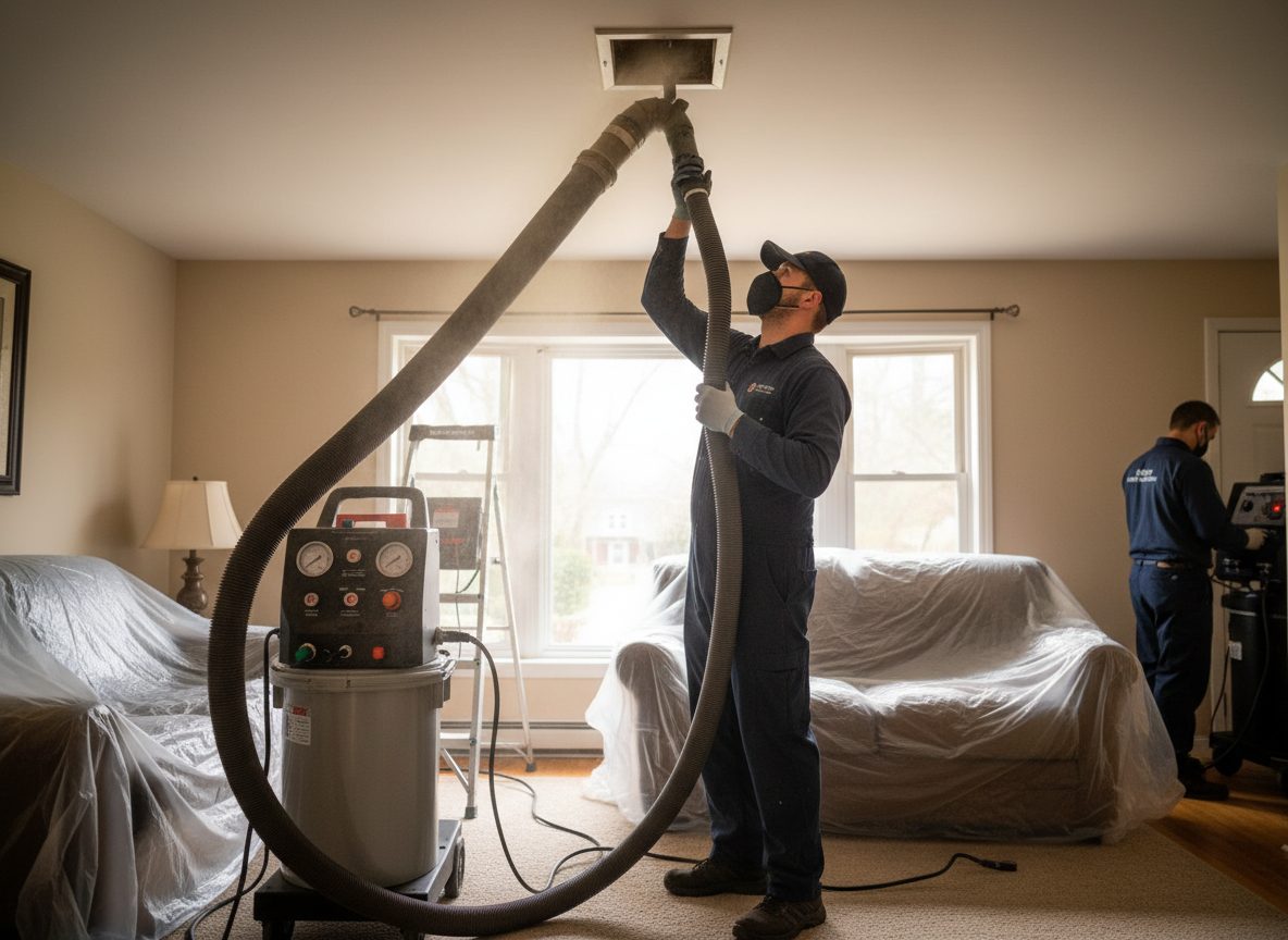 A technician connecting duct cleaning equipment to a ceiling vent in a living room with furniture covered in sheeting.