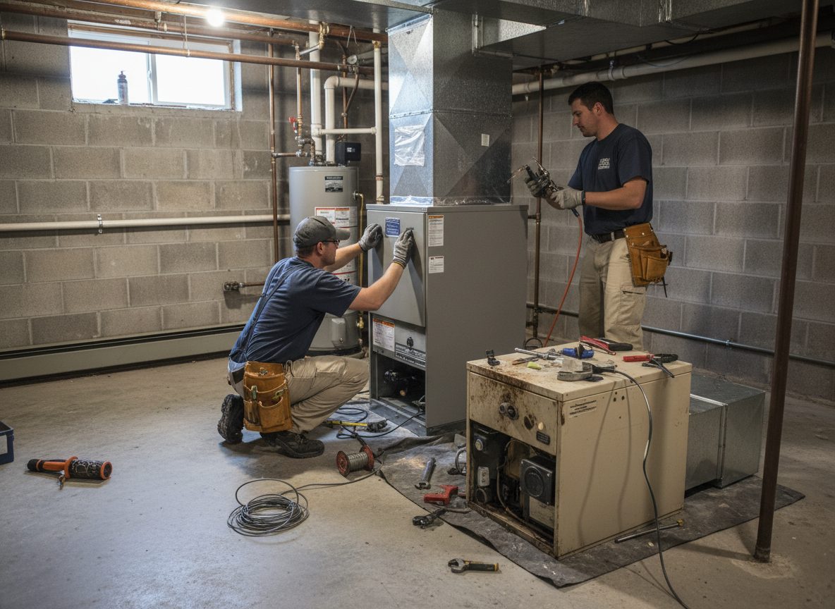 Two technicians setting a replacement furnace into place in a basement, with the old unit removed.