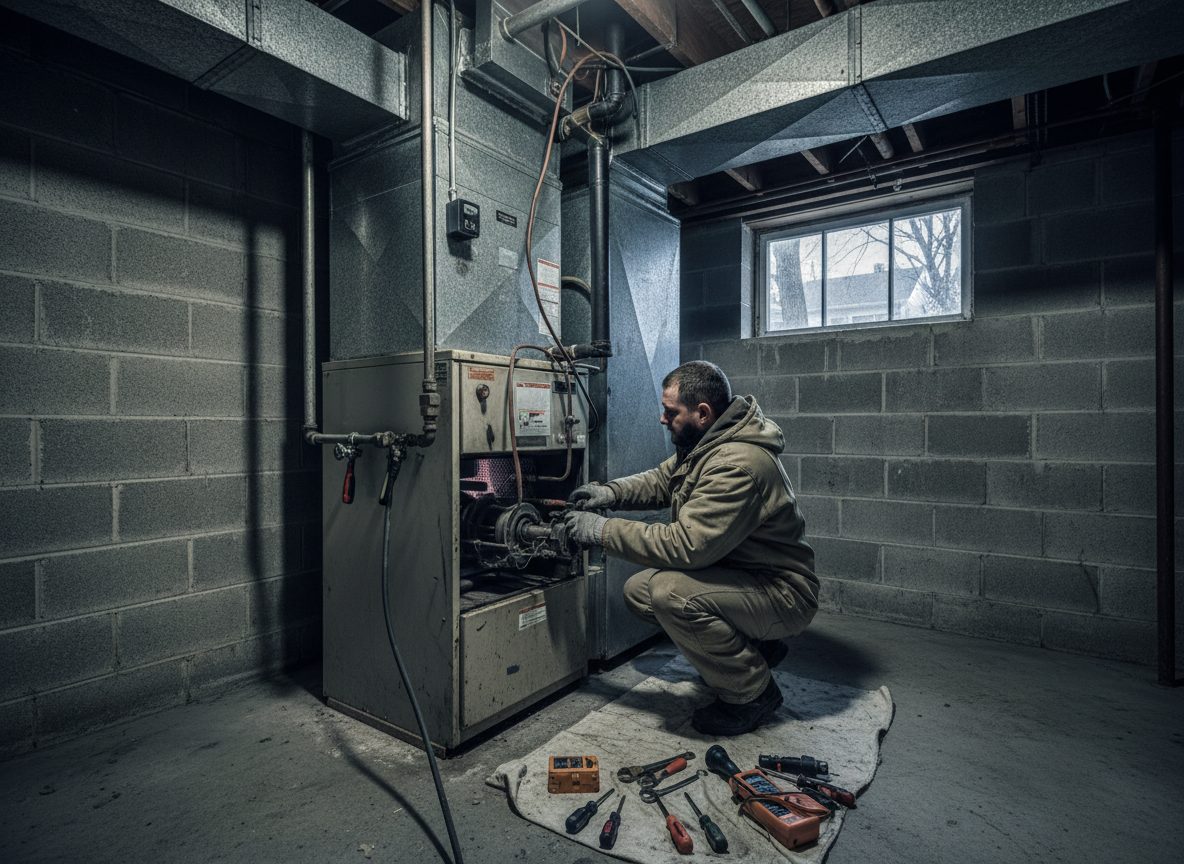 A technician testing the control board of a furnace in a dim basement utility area.