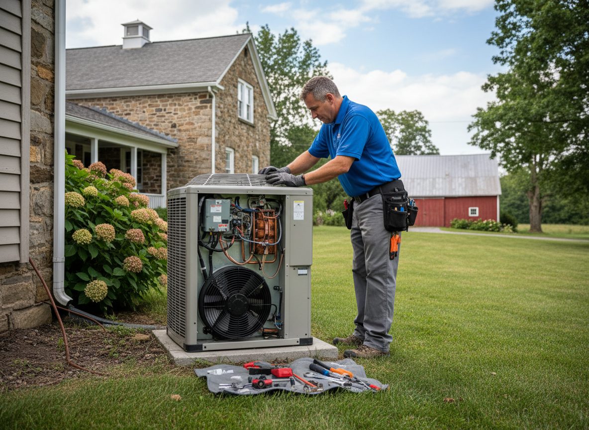 A technician working on an opened heat pump outdoor unit with the fan exposed, at a rural Pennsylvania property.
