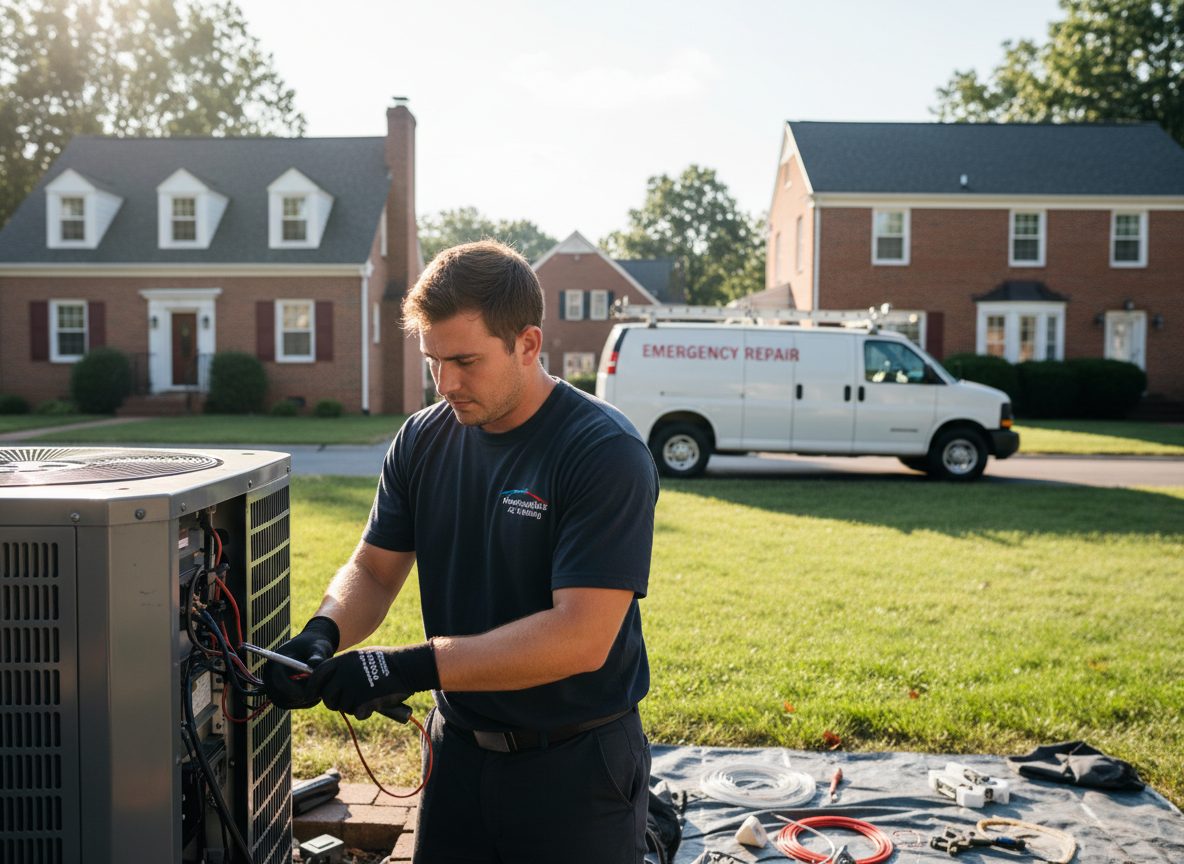 A technician working on an opened heating and cooling unit outside a suburban home, with a service van behind.