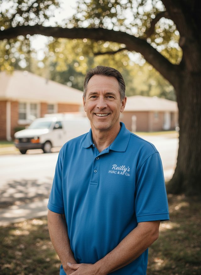 Frank Reilly, owner of Plumsteadville HVAC Pros, outdoors in a company polo shirt on a residential street.