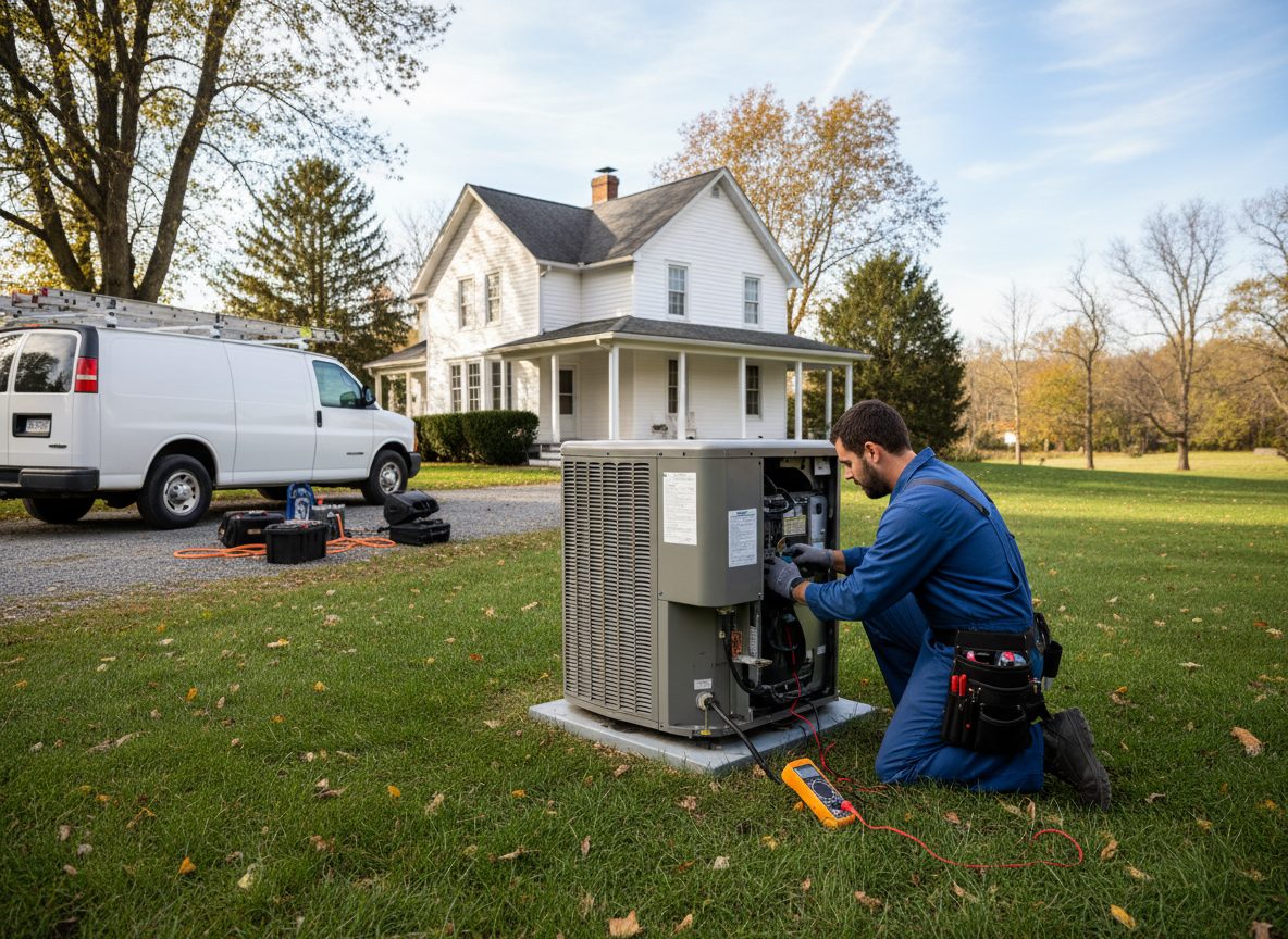 A technician servicing an outdoor unit at a white farmhouse in autumn, with the company van parked on the drive.